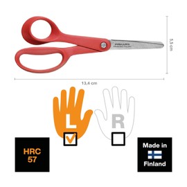 Fiskars Children's Scissors for Left-handed Users, 8 Years or Older Length: 13 cm, Stainless Steel Blade/Plastic Handles, Red, Classic, 1005169
