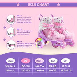 HYKID Toddler Roller Skates, 4 Adjustable Sizes, Fun Illuminating, Safety Three-Point Type, Breathable Upper, Beginners' Roller Skates for Girls Boys Kids (Charming Viola, XS-Small,8C-11C)