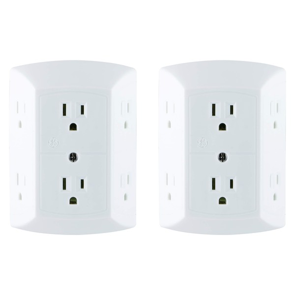 GE 6-Outlet Extender, 2 Pack, Grounded Wall Tap, Adapter Spaced Outlets, 3-Prong, Quick and Easy Install, UL Listed, White, 40222