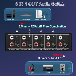 FlyroadUp 3.5mm Aux + RCA L/R Bi-Directional Stereo Audio Switch 4 in 1 Out A/B Analog Audio Switcher Selector