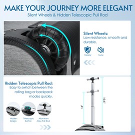 lychee Concealable Trolley Rolling Backpack-Adult Business Laptop Backpack with Wheels-20 inch Invisible Shoulder Strap Waterproof Backpack with Roller-Suitcase Travel Bag,Grey