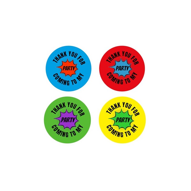 Superhero Party Thank You Stickers, 24 Pack, Multi-Coloured Round Labels