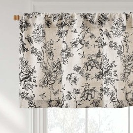 Vangao Linen Blend Valance Curtain Farmhouse Floral Small Window Curtain Light Filtering for Kitchen Rustic Valance for Living Room Bedroom Rod Pocket 1 Panel Black on Beige