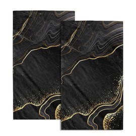 Miaoquhe Black Gold Marble Hand Towel Set of 2, Marble Texture Soft Highly Bath Towels 14x28in Absorbent Bathroom Hand Face Fingertip Towels Washcloth Quick Dry DecorTowels for Kitchen Gym Spa