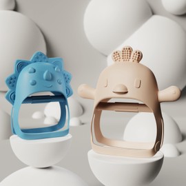 Baby Teether Pack of 2 Wearable Pacifier Teether Toy - Little Chick Mini Dino - Blue and Beige by Muqee Peeko