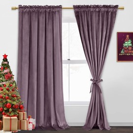 JIUZHEN Lavender Velvet Curtains for Bedroom - 84 inches Thermal Insualted Room Darkening Rod Pocket Blackout Drapes for Ofiice/Closet, Set of 2 Panels with Tiebacks, 60W x 84L