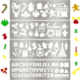 Chinco 4 Pieces Metal Journal Stencil Metal 7.1 x 2.3 Inch Planner Stencil Bookmark Ruler School Supplies Stainless Steel Stencils Kit for DIY, Engraving, Painting, Scrapbooking (Christmas Style)