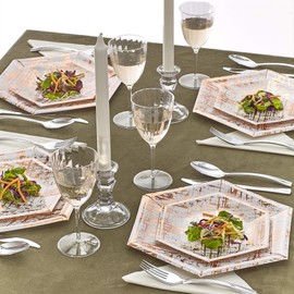 Silver Spoons Elegant Disposable Dinnerware - Arctic Collection, Hexagon Dinner Plates, Rose Gold