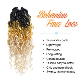 ToyoTress Boho Faux Locs Crochet Hair - 14 Inch 8 Packs Ombre Blodne Off-white Bohemian Locs Crochet Hair With Curly Ends for Women, Pre-looped Synthetic Braiding Hair Extension（14 Inch, 1B/27/613-8P)