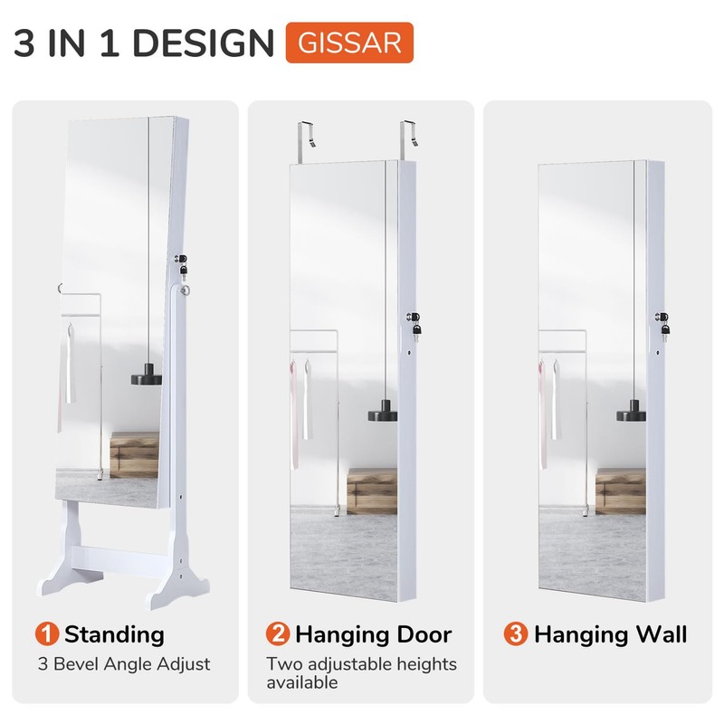 GISSAR Jewelry Organizer Full Length Mirror Jewelry Cabinet Standing/Wall/Hanging Door