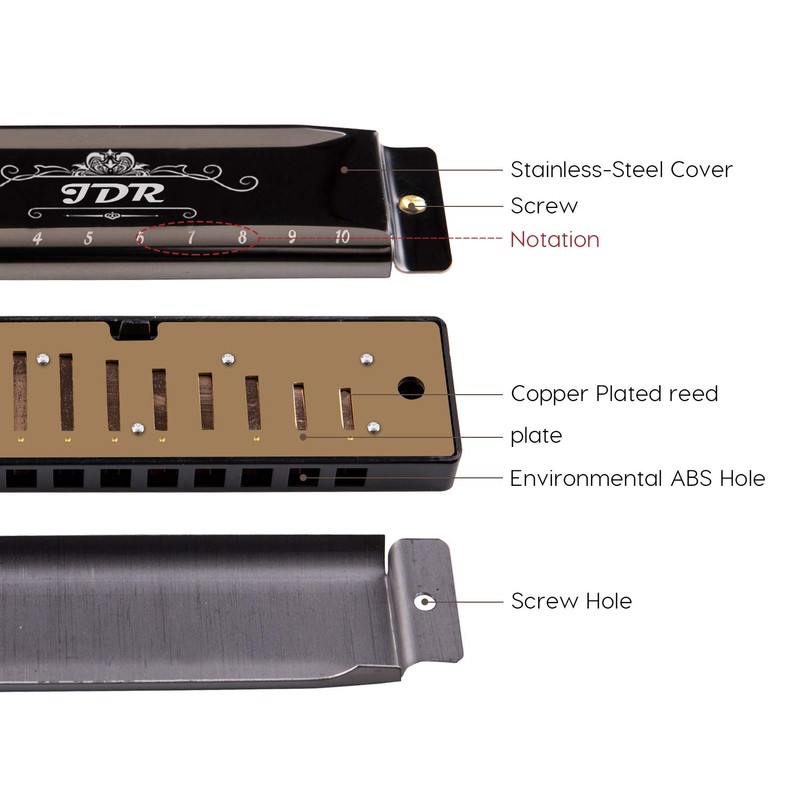 JDR Harmonica C, Blues armonica Key of C 10 Hole