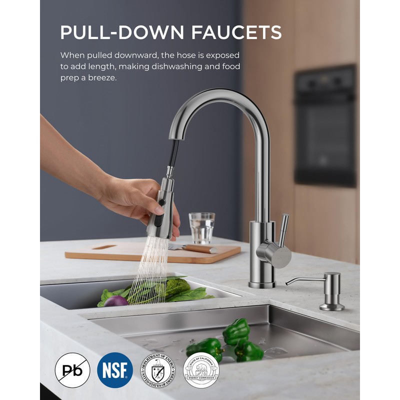 FORIOUS Kitchen Faucet with Soap Dispenser Chrome, Single Handle Stainless