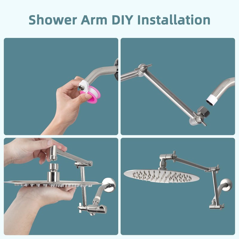 iFealClear Adjustable Shower Head Extension Arm, 16" Brass Shower Head