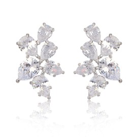 Women’s Cubic Zirconia Cluster Earrings - 14k White Gold Plated Sterling Silver Teardrop Crystal CZ Rhinestone Graceful Curved Floral Leaf Bridal Wedding Earrings for Bride Bridesmaids