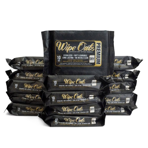 Wipe Outz Black Tattoo Towels - Premium DRY Tattoo Wipes For During Tattooing, Pmu, & Tattoo Aftercare - Soft & Durable Tattoo Ink Wipes (6.25” x 8”) (Black 10-Count) (15 Packs)