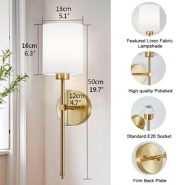 A1A9 Battery Operated Wall Sconce Set of 2, Brushed Gold Cordless Rechargeable Wall Sconces with Dimmable LED Bulb and Remote, 13 Colors Wall Lights for Bedroom Living Room Hallway