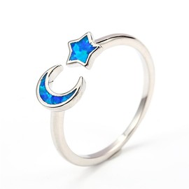 IMINI Opal Crescent Moon Star Open Adjustable Stacking Ring for Women Teen Girls White Gold Plated Created Birthstone Love Endless Promise Wedding Expand Lucky Statement Rings Fashion Jewelry (Blue)