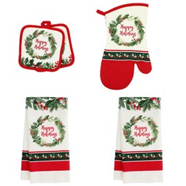 Happy Holidays Holly Greens Christmas Wreath Garland Whimsical Print Kitchen Linen Set Oven Mitt Pot Holder Hot Pad Dish Towel for Christmas Decoration Cooking Baking Party Select Pack Size