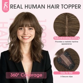 Real Human Hair Topper for Women Clip In Bangs Handmade Lace Base 3 Clips Enhanced Coverage Stylish & Comfortable 8×10cm, 10 Inch, Dark Brown