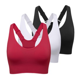 WIRIST Sports Bra, Workout Tops for Women, Medium Impact Strappy Padded Sports Bras for Women High Support (Adjustable Strap Red&Black&White 3pcs, Large)