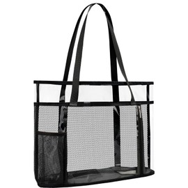 TINYAT Beach Bag, Large Capacity, Mesh Bag, Sandproof, Waterproof, Lightweight, Transparent, Pool, Tote, Shoulder Bag, Swimming, Spa, Hot Springs, Beaches, Baths, Black/T9054
