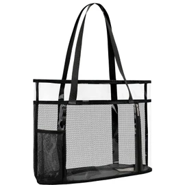 TINYAT Beach Bag, Large Capacity, Mesh Bag, Sandproof, Waterproof, Lightweight, Transparent, Pool, Tote, Shoulder Bag, Swimming, Spa, Hot Springs, Beaches, Baths, Black/T9054