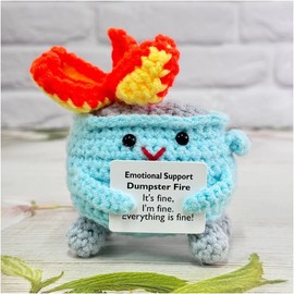 Emotional Support Crochet Dumpster Fire with Positive Card Cute Room Decor Knitted Toys Funny Crochet Support Buddies Gifts for Friends (Blue)