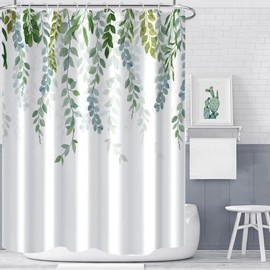 MIRRORANG Shower Curtain, Sage Green Shower Curtain for Bathroom, Waterproof Quick-Drying Plant Shower Curtain Set with 12 Hooks, 183 x 183 cm