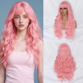 Pink Wig with Bangs for Women, Long Wavy Pink Wig 26 Inch Wigs Heat Resistant Synthetic Colorful Wig