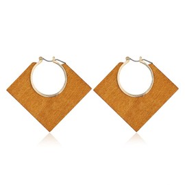 TIANBANGSHI Unique Retro Geometric Wooden Dangle Earrings for Women lightweight Bohemia Natural Wooden Hollow round rhombus Earrings Jewelry gift (Square light brown)