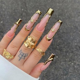 Press On Nails, Gold Foil Glitter Designed in Glue on Nails, Golden Line Fake Nails, Short Square Almond Ballet Shape for Stick On Nails on 24PCS (Ballet French Star)