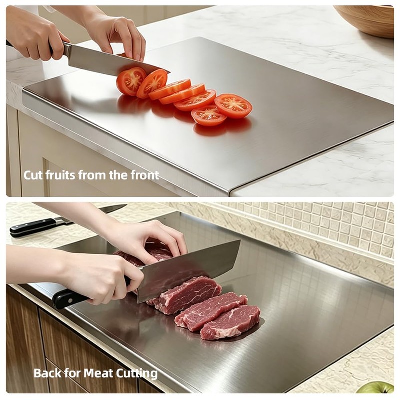 Stainless Steel Cutting Board with L-Shaped Lip & Silicone Pads,