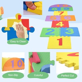Hopscotch Mat for Kids, 12"×12" Hopscotch Interlocking Foam Tiles, Easy to Assemble & Clean, Soft & Durable EVA Hopscotch Rug, 10 Large Number Foam Play Mats for Most Surface 7 x 2 Ft