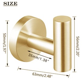QNIIAED 2 Pcs Bathroom Towel Hook, Screw in Metal Coat Hook Brushed Robe Hook SUS 304 Stainless Steel Heavy Duty Door Hanger Towel Robe Clothes Closet Sponges Hook for Bathroom Hotel(Brass Gold)