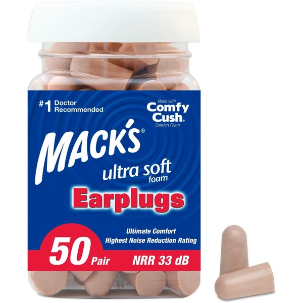 Mack's Ultra Soft Foam Earplugs, 50 Pair - 33dB Highest NRR, Comfortable Ear Plugs for Sleeping, Snoring, Travel, Concerts, Studying, Loud Noise, Work