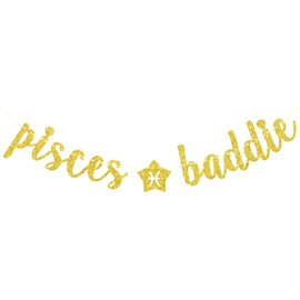 Pisces Baddie Banner, Pisces Happy Birthday Decor, 12 Constellation Zodiac Pisces Themed Birthday Party Decorations for Boys and Girls - Gold Glitter
