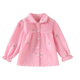 xiaoyunbaby Girls' White Floral Embroidered Blouse, Long Sleeve, Peter Pan Collar with Ruffle Trim (US, Age, 5 Years, 6 Years, Pink)