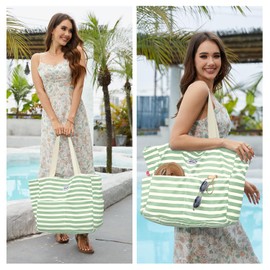 HOMESPON Large Waterproof Beach Tote Bag for Women with Zip and Pockets Foldable Handbag for Travel Pool Shopping Holiday Gym-White and Green Stripes