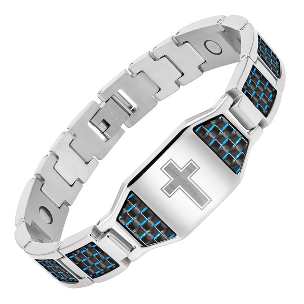 Willis Judd Men's Christian Cross Titanium Magnetic Bracelet with Blue Carbon Fiber