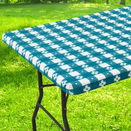 Spotjoy Rectangle Picnic Table Cloth, Waterproof Elastic Fitted Outdoor Table Covers for 6 Foot Tables, Flannel Backed Plastic Vinyl Tablecloths for Indoor and Outdoor (30"x72", White & Turquoise)