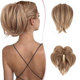 SEGO Claw Clip Ponytail Hair Extensions Bendable Metals Messy Bun Hair piece Straight Hairpieces Claw on Ponytail, Light Brown Mix Ash Blonde
