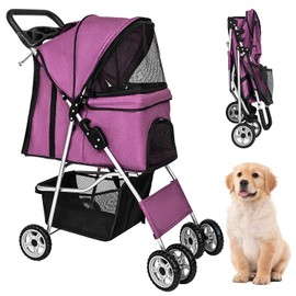 FDW 4 Wheels Pet Stroller Folding Dog Cat Jogger Stroller with Storage Basket &Cup Holder Portable Lightweight Travel Carrier, Purple