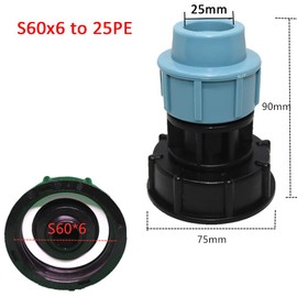 IBC Water Tank Tap Adapter, IBC Tote Tanks Hose Fitting Quick Connector Butt Barrel Drain Adapter, Inlet S60x6 Coarse Thread (25mm, I Shape Outlet)