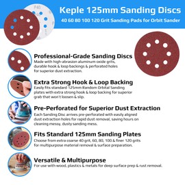 Keple Sanding Discs 125mm - Velcro Backing, Round Sandpaper Set, Dust Extraction Holes for Random Orbital Sander, 5 Sanding Disc Pack - 100 Sanding Sheets