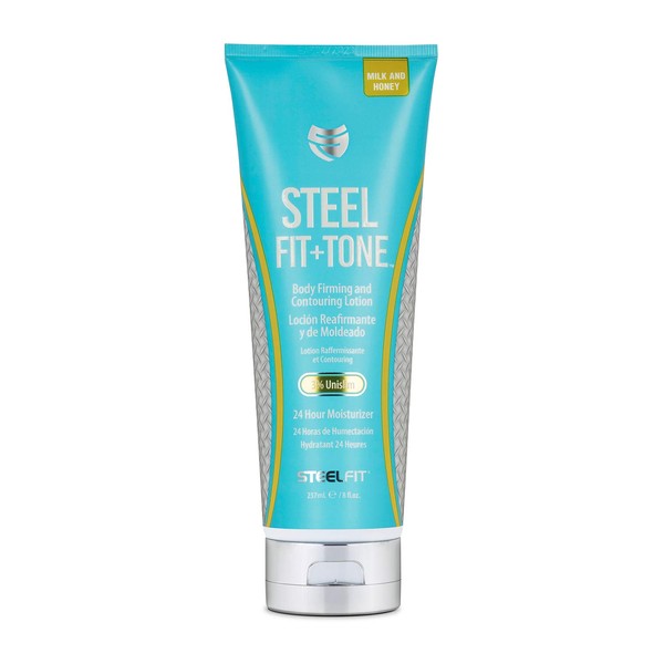 SteelFit Steel Fit + Tone - Body Firming and Contouring Lotion - 3% Unislim - 24 Hour Moisturizer - Collagen - Shea Butter - Cocoa Butter - Aloe Vera - Gotu Kola - 8 fl. oz. (237 mL) (Milk and Honey)