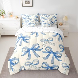 Feelyou Blue Bow Comforter Set with Sheets Cute Bowknot Bed in a Bag for Kids Boys Girls Bedroom Decor Princess Style 7 Piece Bedding Set Full Size Soft Kawaii Bow Tie Bed Set