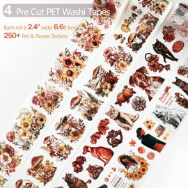 AVECMOI PET Washi Tape Set, Girl Flower Pet Stickers for Scrapbook Journals, 4 Rolls Pre-Cut Autunm Tape Sticker for Junk Journal, Planner, Collage, Orange