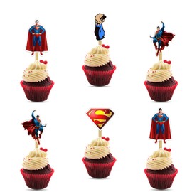 Suprmn Cupcake Toppers – Hero Cape & Shield Theme Party Picks for Boys Birthday, Comic Style Celebration or Superhero Dessert Table Decoration