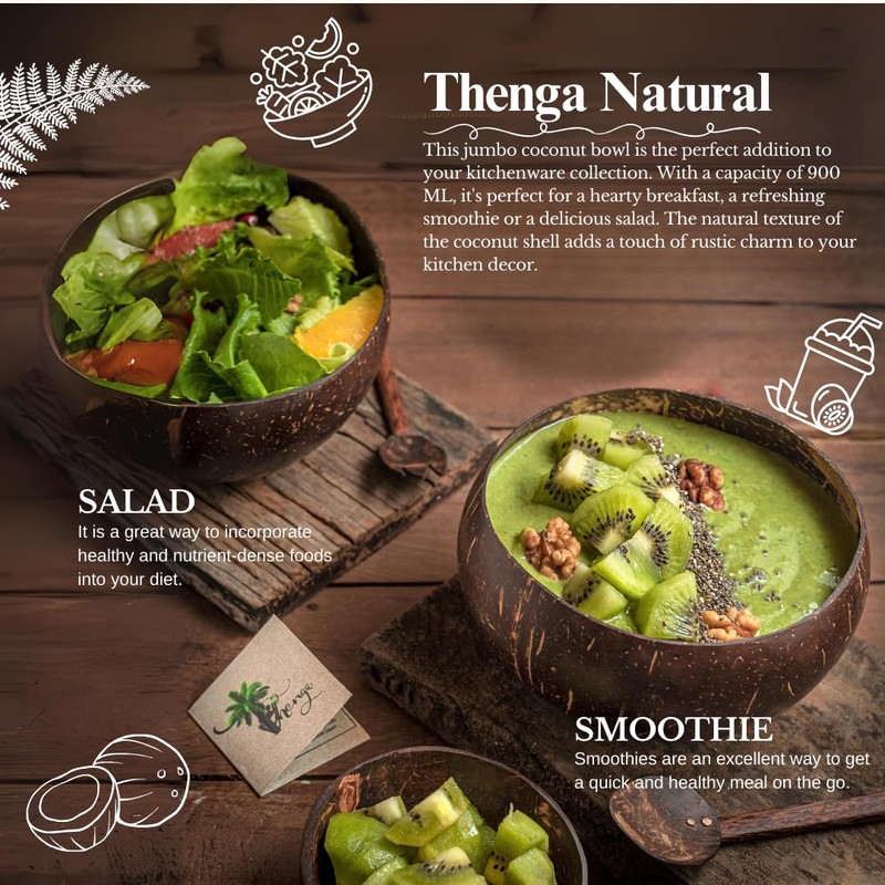Thenga Artisan Jumbo Coconut Bowl, 900 ML, 1 Bowl, Spoon