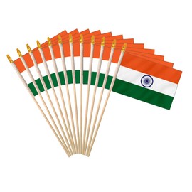 India Stick Flag 4x6IN 12 Pack Small Mini Indians National Handheld Flag with Wood Pole And Blunt Spear Top